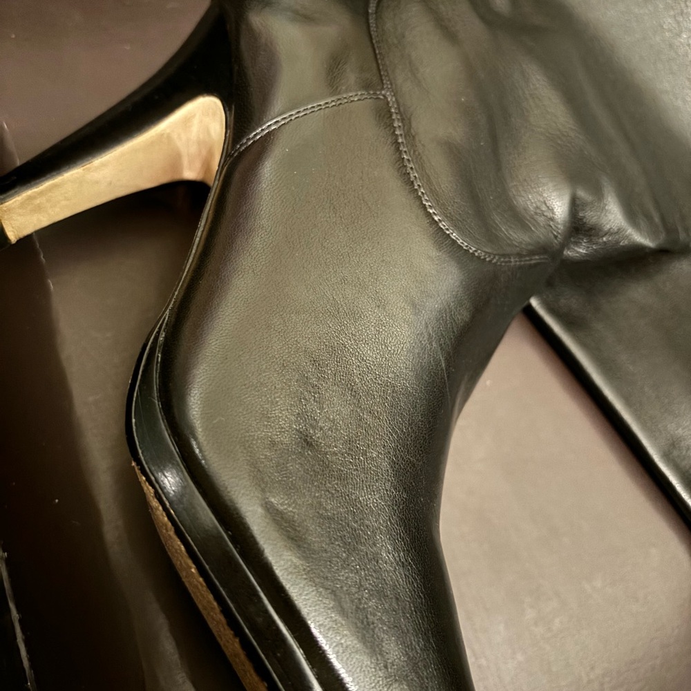 Cole Haan Black Leather Mid-Calf Heeled Boots with Gold Heel Accent